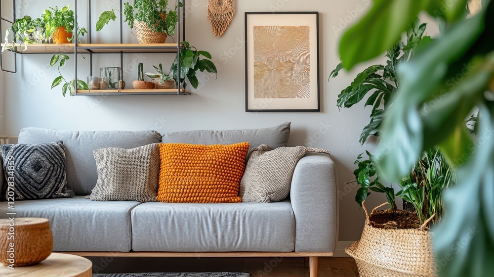 Fototapeta premium A stylish home chill room featuring a comfortable couch, a shelf adorned with decorations, and a mockup frame, creating a relaxing and aesthetically pleasing atmosphere.