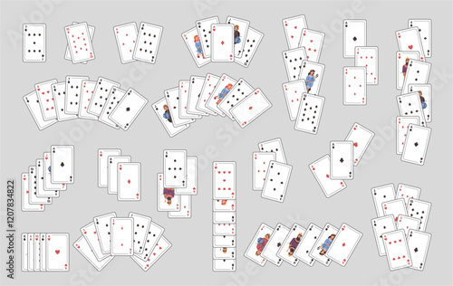 Number and face cards combinations, poker or solitaire playing decks. Vector board games for children and adults. Entertainment and having fun, hobbies and leisure, pastime and improvement of skills