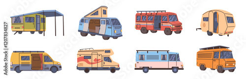 RV automobile, motorhome or camper trailer for traveling and living. Vector isolated homes on wheels with accommodation and conveniences. Summer trip and travels on long distances, leisure time