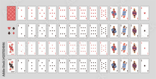 Aces, jokers and number playing cards, open full deck of poker. Vector games and entertainment. Having fun, gambling and winning money. Leisure and hobbies or recreation at weekends, store assortment