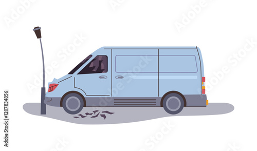 Traffic accident car crash. Vector isolated van hit light pole at street. Damaged automobile with broken window and bumper. Road incidents while driving, inattentive driver of vehicle on road