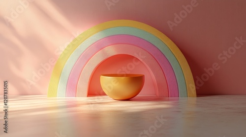 Colorful rainbow decor piece on a pink background for creative spaces or chil...