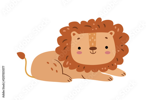 Lion cute baby animal lying down and smiling. Vector wild jungle mammal with long tail and furry coat. Safari character isolated icon. Cartoon zoo or reserve park predator. Toy for children
