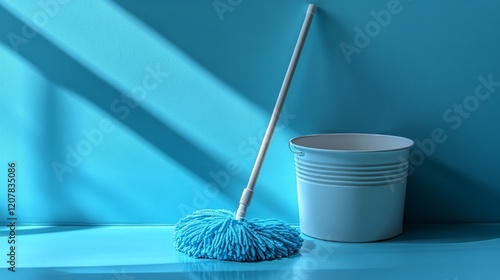 Brightly colored room with a blue bucket and yellow wall showing soft shadows...