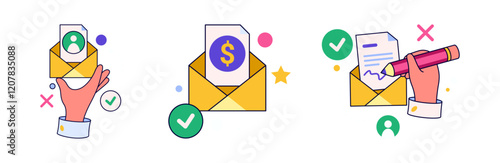Sending and writing emails, work correspondence. Vector isolated icons for business process concept. Signing documents, reviewing and approving interaction. Reports and planning docs in letter