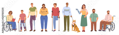 People with disabilities. Vector group of inclusive personages in wheelchairs and with prosthetic arms and legs, with fractures and amputated limbs, blind male with guide dog and person with dwarfism