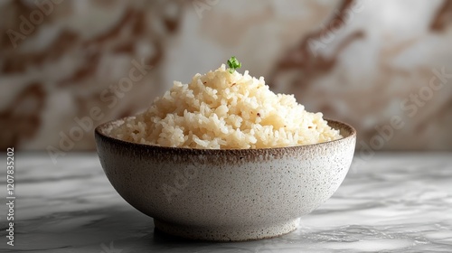 Perfectly cooked white rice served in a textured bowl on a marble countertop