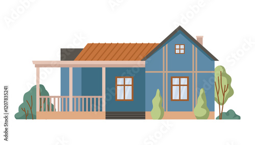 Exterior of classic rural house with porch and fence. Vector isolated rustic home with yard and trees, bushes and greenery. Real estate property for living or investment, building with windows
