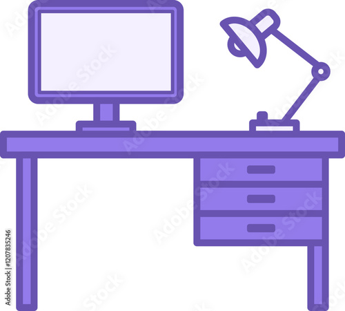 Colored Desk Icon. Vector Icon. Table, Computer, and Lamp. Furniture. Office Concept