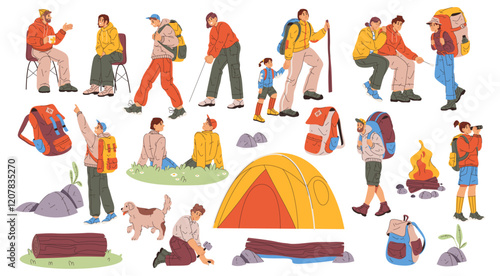 Active lifestyle of backpackers, climbers and hikers. Vector in flat style, isolated people hiking and camping, walking with backpacks, enjoying natural view and roasting marshmallow on bonfire