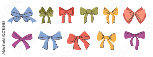 Decorative bowknots and bands for modern banners. Vector isolated set of adornment and embellishment for packages or banners, design for posters. Textile satin or silk material knots and bows