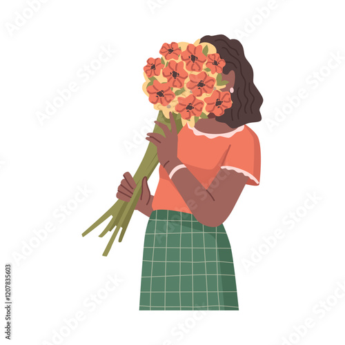 Female personage holding bouquet and inhaling fragrance of flowers. Vector flat cartoon character, isolated woman with present on holiday, birthday or mothers day, anniversary or 8 of march
