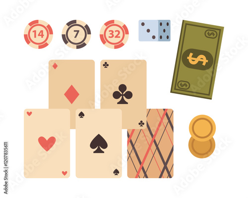 Poker chips and cards deck, dice throwing cubes, betting money in cash. Vector isolated flat game board set for playing and gambling. Leisure time and relaxation. Dollar banknotes and coins