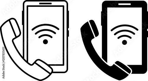 Telephone Icons. Black and White Vector Icons. Modern Smartphone with Wi-Fi and Telephone Handset. Office Concept