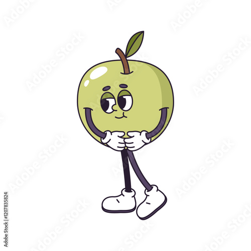 Shy or modest groovy retro cartoon character holding hand. Vector isolated vintage personage in shape of ripe berry with face, legs and arms in gloves, looking aside. Fruit comic mascot