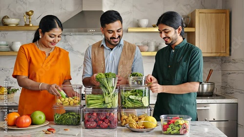 Indian family puts things into containers in the kitchen