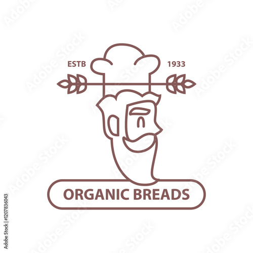 Bakery shop logotype with copy space, chef wearing hat and wheat ear. Vector isolated logo for store selling and producing bread. Tasty local ecological and organic pastry products and buns