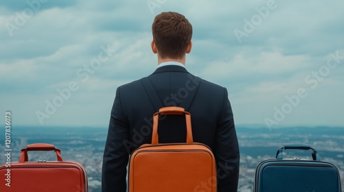 Business Traveler Contemplating Future: A businessman stands with his back to the camera, gazing at a cityscape, three suitcases at his feet.  He is contemplating his next move, symbolizing travel. photo