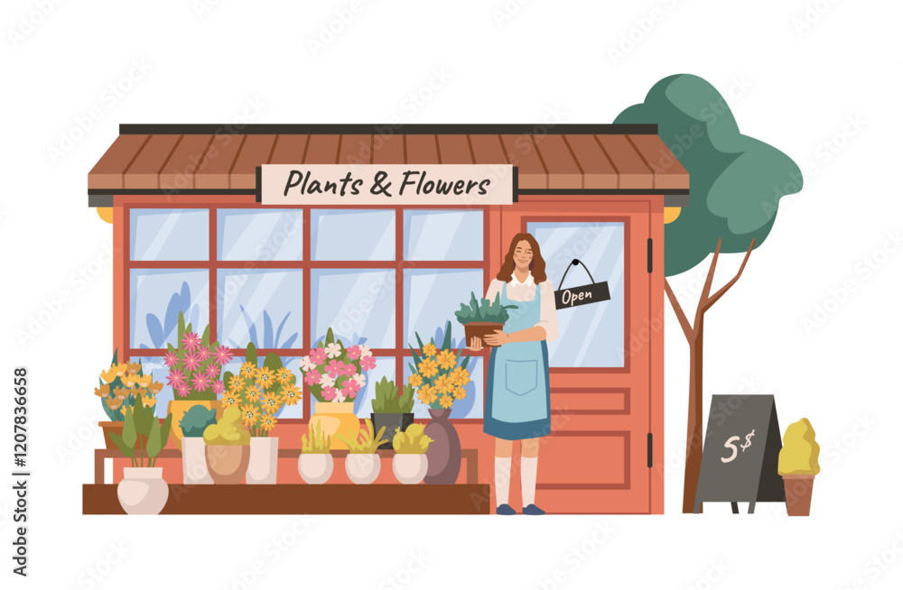 Fototapeta premium Female personage seller or owner of florist store in city. Vector isolated flower store with variety of potted plants for home and bouquets in vases for holiday gifts. Buying compositions
