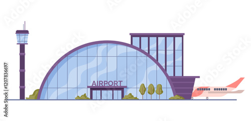 Exterior of round shape airport building with observation tower, hangar for planes. Vector flat cartoon, isolated aircraft on runway path, arriving or departing flight. Travel infrastructure