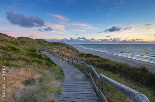 Boardwalk pathway, Red Cliffs beach (Rotes Kliff) at sunset, Kampen, Sylt, Schleswig Holstein, Germany, Europe
