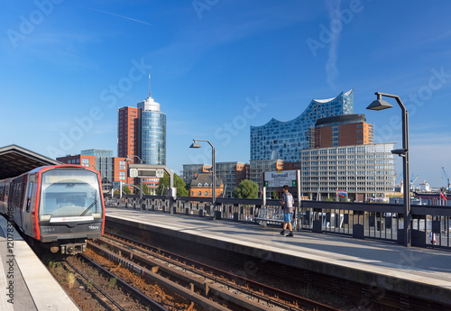 U-Bahn train coming into Baumwall station, Hamburg, Germany, Europe photo