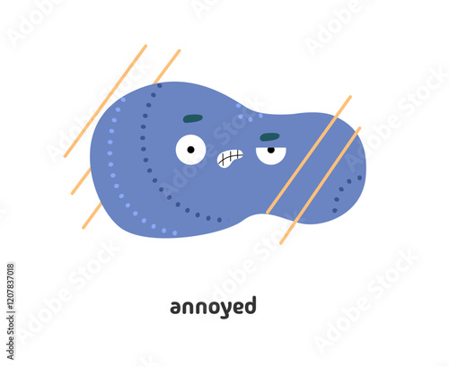 Abstract character shape with annoyed or irritated facial expression. Vector isolated personage with angry face, expressing emotion of annoyance or anger. Mascot showing teeth, frowning brows