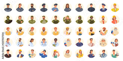 Professional portraits of people from different angles. Police and military, doctors and construction workers, waiters and drivers, pilots and stewardesses, laboratory workers and astronauts
