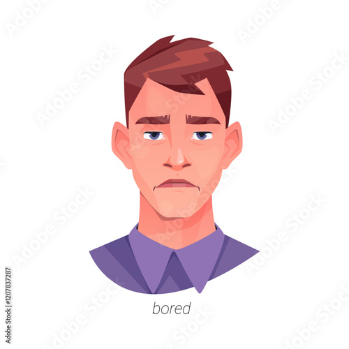 Bored facial expression of man personage with tired eyes. Vector isolated flat cartoon character, emotion of boredom and indifference. Feeling tired and unhappy, uninterested or nothing to do