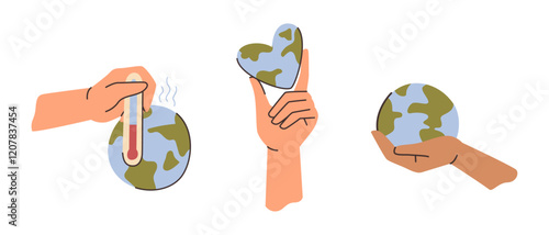Hands holding earth globe and thermometer showing high temperatures. Vector climate change and heat on surface of planet. Ecological awareness and saving nature, environmental care and conservation