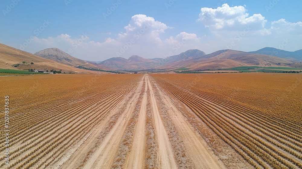 Fototapeta premium Rural road through sunbaked farmland, mountains