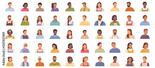 Portraits of individuals without faces. Vector women and men faceless pictures collection. Teenagers, adults and geriatric population of various nationalities. Students, workers and pensioners