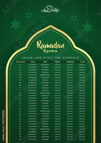 Ramadan Kareem Islamic calendar template and sehri ifter time schedule 