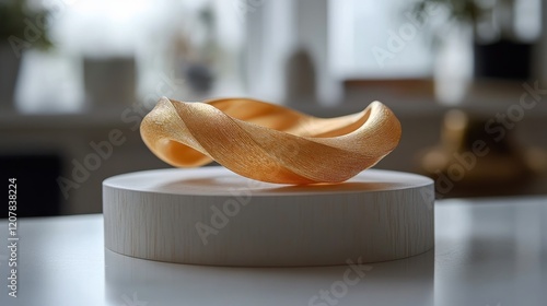 Elegant golden sculpture twisting on a wooden base in a well-lit interior set...
