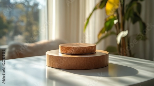 Elegant golden sculpture twisting on a wooden base in a well-lit interior set...
