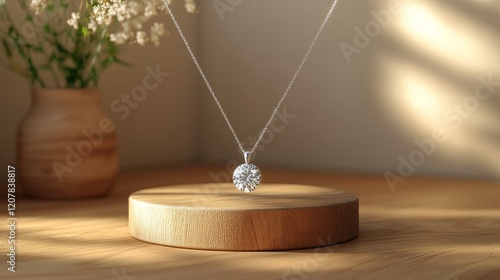 Elegant diamond necklace displayed on a wooden stand surrounded by cherry blo...