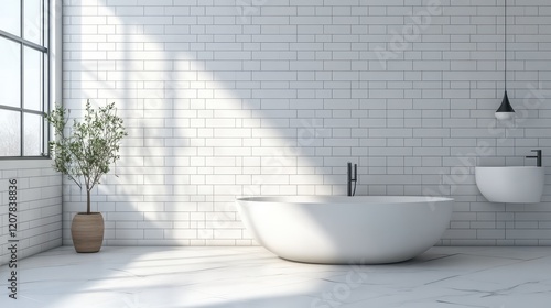 A stylish loft bathroom corner featuring white tiles, a modern bathtub, and a sleek sink. photo