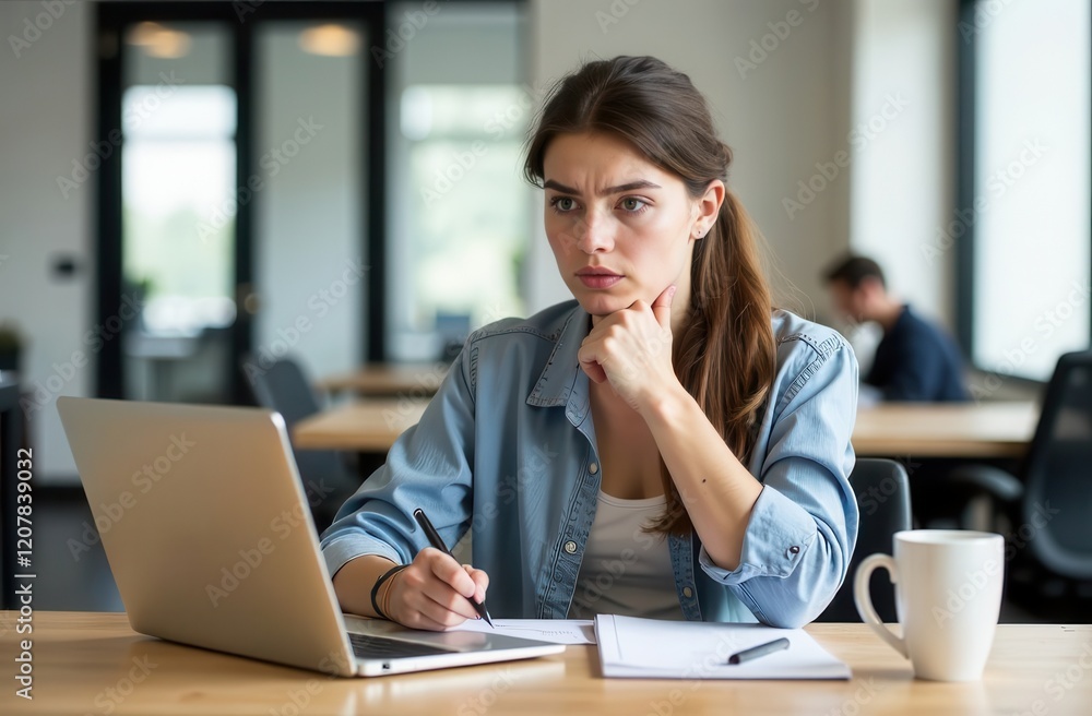 Fototapeta premium Focused woman sitting at desk working on laptop. Office work
