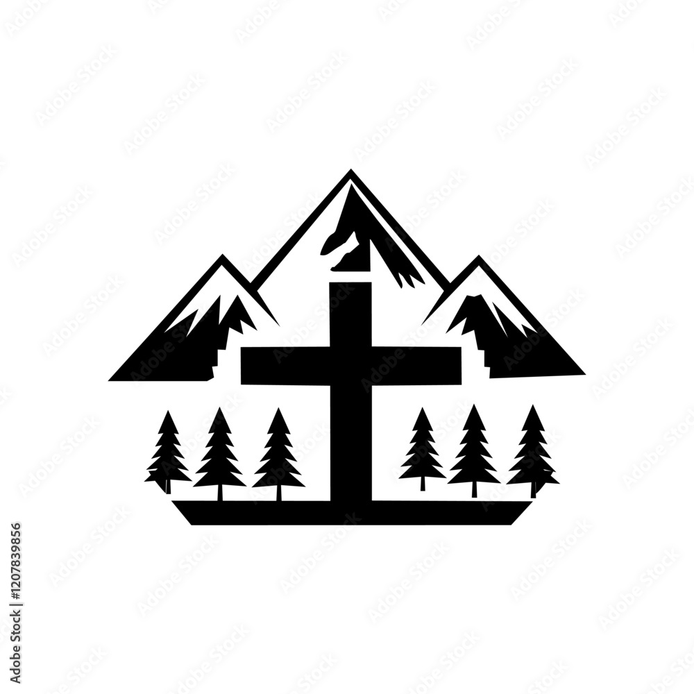 Obraz premium simple vector icon featuring a scenic mountain amidst a graceful cross