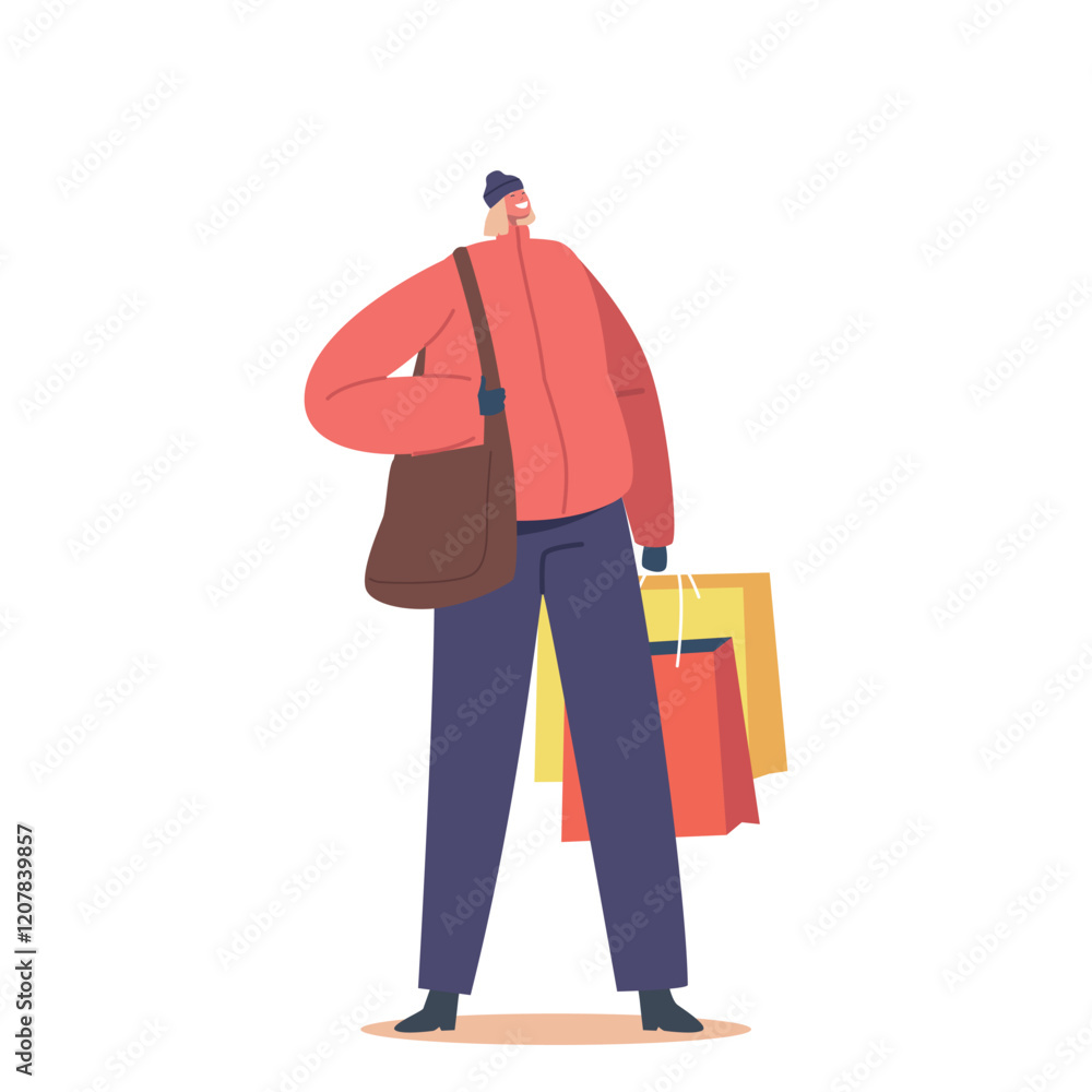 Female Character in Winter Clothes Carry Christmas Presents in Bags for Holidays Celebration. Happy Woman with Gifts Female Character in Winter Clothes Carry Christmas Presents in Bags for Holidays Celebration. Happy Woman with Gifts