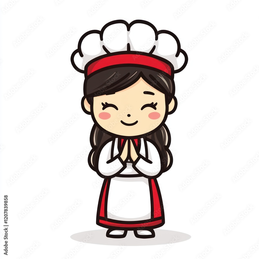 Cartoon chef with white hat and red trim greeting with hands folded, used for cooking lessons or menu Cartoon chef with white hat and red trim greeting with hands folded, used for cooking lessons or menu