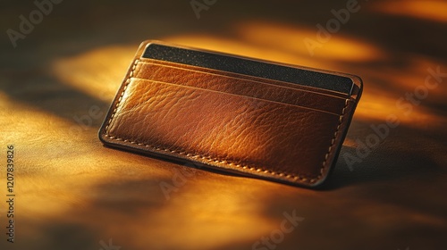 Elegant brown leather card holder placed on a textured table in a well-lit ro...