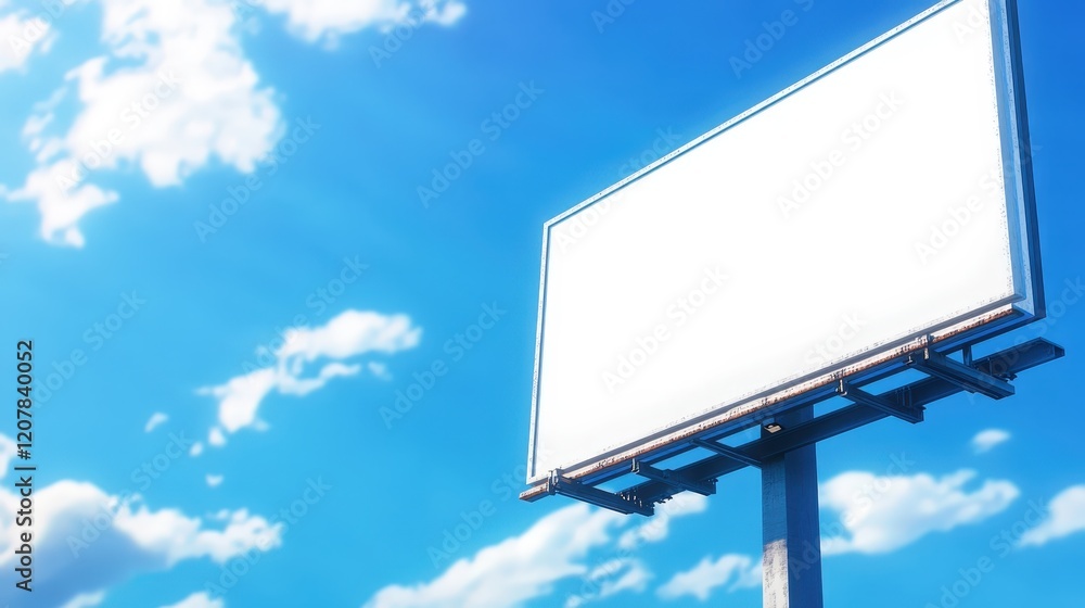 Vibrant Billboard Against a Bright Blue Sky with Fluffy White Clouds Creating a Cheerful Urban Atmosphere in Daylight Vibrant Billboard Against a Bright Blue Sky with Fluffy White Clouds Creating a Cheerful Urban Atmosphere in Daylight