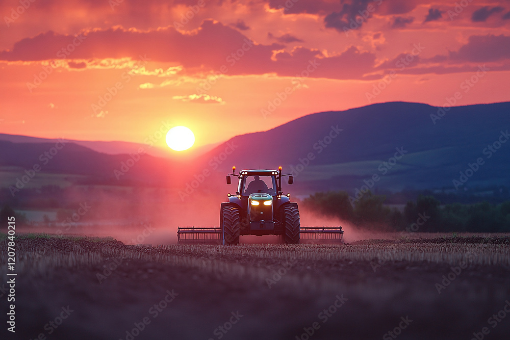 Fototapeta premium A farmer on tractor plowing a field at sunset. Agricultural article banner or agricultural marketing campaigns concept background with copy space