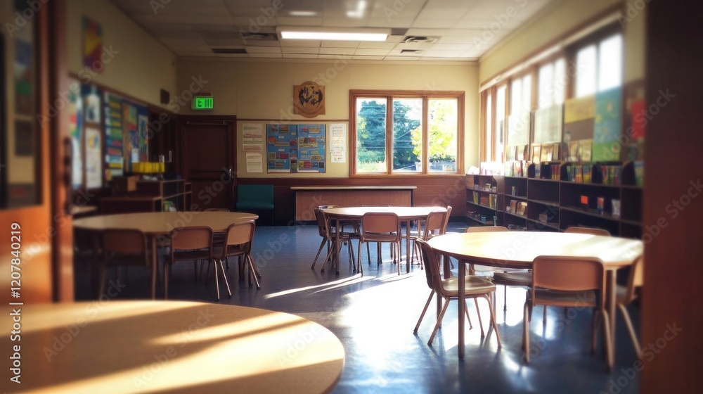 A bright classroom with tables and chairs, designed for learning and activities. A bright classroom with tables and chairs, designed for learning and activities.