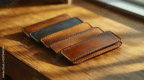Elegant brown leather card holder placed on a textured table in a well-lit ro...