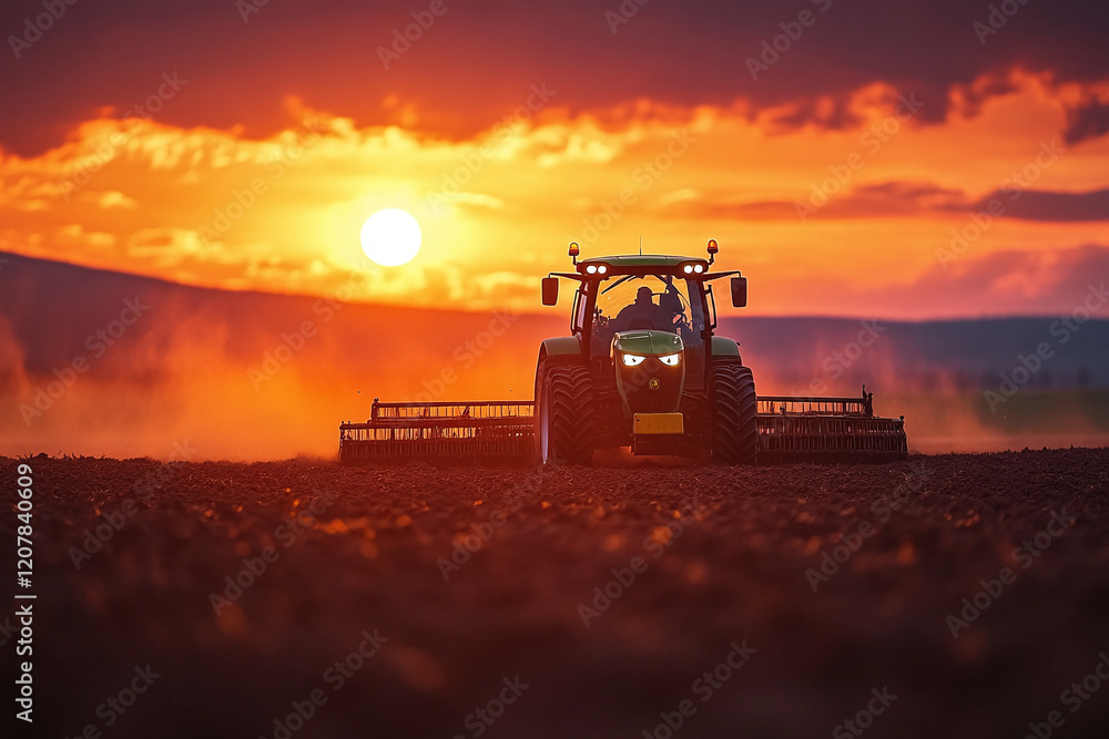 A farmer on tractor plowing a field at sunset. Agricultural article banner or agricultural marketing campaigns concept background with copy space A farmer on tractor plowing a field at sunset. Agricultural article banner or agricultural marketing campaigns concept background with copy space