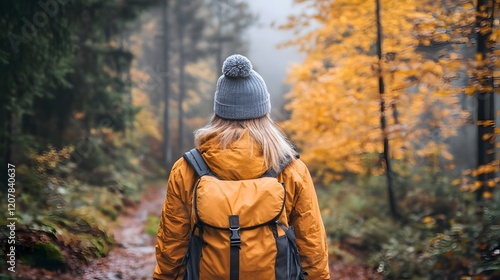 Wallpaper Mural A young woman with blonde hair in a beanie explores a misty autumn forest. Torontodigital.ca