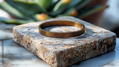Elegant metal bracelet resting on textured stone surface with plant backdrop ...