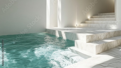 Elegant indoor pool with marble stairs and sunlight reflections in a serene a...